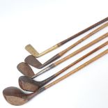 5 Vintage wood-shafted golf clubs, including 2 drivers, 2 putters, and 1 iron (5)