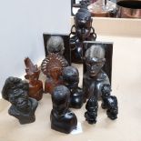 Carved ebony head bookends, 15.5cm, carved African heads etc