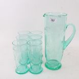 Vintage engraved green glass water set, with grapevine design, jug height 31cm