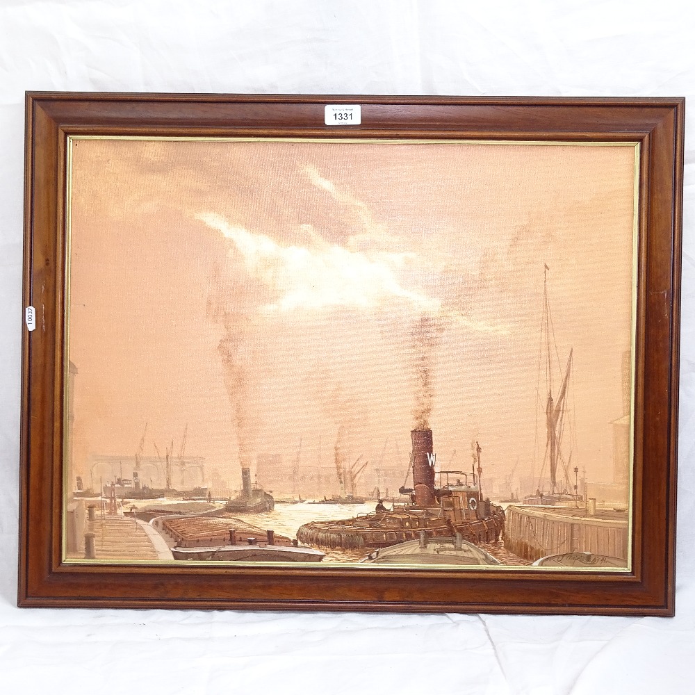 J Chapman, oil on board, docklands scene Sheppey, image 45cm x 60cm, framed