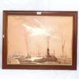 J Chapman, oil on board, docklands scene Sheppey, image 45cm x 60cm, framed