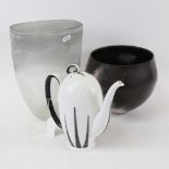 A Royal Stafford coffee pot, a crackle glaze glass vase, 25.5cm, and a Studio pottery pot