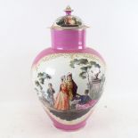 A very large Meissen pink ground porcelain jar and cover, hand painted lover scenes, blue AR mark on