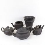 Wedgwood Basalt Ware teapot and vase, 22cm, and other Basalt Ware teapots, all A/F