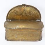 An Antique brass wall-hanging tobacco box, engraved figural decoration, W18cm, H15cm
