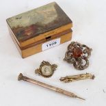 Various jewellery, including large unmarked yellow metal citrine brooch, gold plated propelling