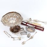 Various silver plate, including swing-handle basket, oak wine coaster, cutlery etc