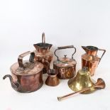 2 Victorian copper kettles, a brass bell with mount, a copper jug, height 22.5cm etc