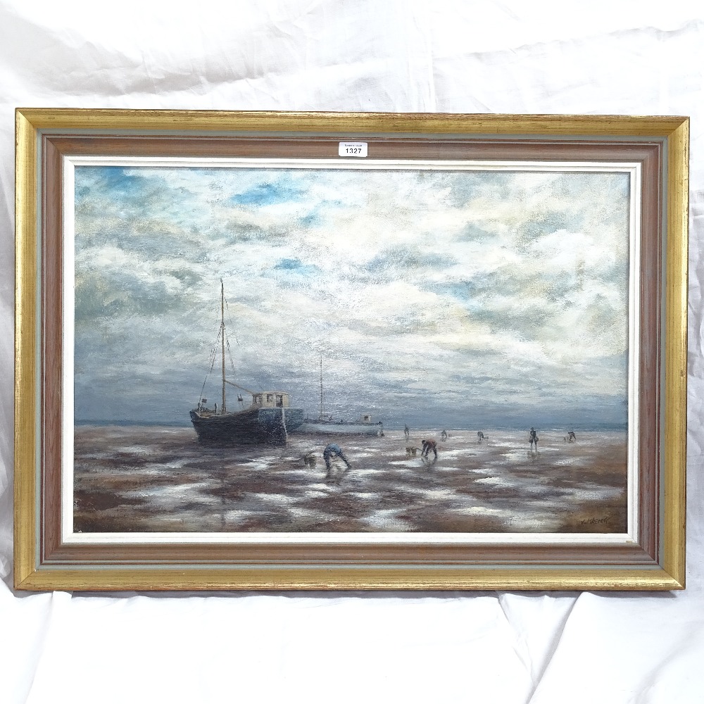 V W Trevett, oil on canvas, cocklers on the Maplins, framed, image 48cm x 74cm