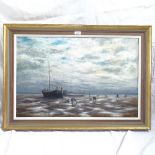 V W Trevett, oil on canvas, cocklers on the Maplins, framed, image 48cm x 74cm