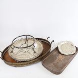 An oval galleried silver plated and oak tea tray, 2 other trays etc