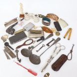 Various collectables, including silver plated grape scissors, travelling corkscrew, ivory mounts,