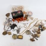 A box of mixed costume jewellery, simulated pearls, compacts, gilt-metal locket etc