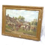 R M Crompton, oil on board, the meet on the village green, image 45cm x 60cm, framed
