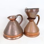 A graduated pair of Antique copper gallon and half gallon wine measures, and a copper funnel (3)