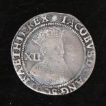 James I (1603 - 25) first coinage silver shilling, second bust (1603 - 1604), S.2646, M.M. Thistle