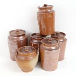 A group of 6 Vintage brown salt glaze stoneware kitchen storage jars, largest height 21cm