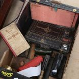 Vintage desk items, including writing box, address stamps, hole punch, blotter, and 2 money boxes