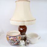 A large French Gien ceramic jardiniere, a French porcelain urn table lamp and shade, wash basin etc
