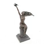 After A Gennarelli, Art Deco style bronze sculpture, nude lady holding a dove, on polished marble