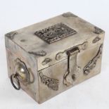 A Chinese unmarked white metal miniature casket, dragon and phoenix decoration, with ring handles,