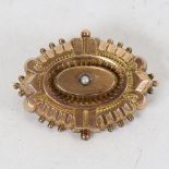 A 10ct rose gold and split-pearl mourning brooch, with photo panel back, brooch length 4.5cm, 11.9g