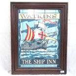 A hand painted pub sign for Watkins The Ship Inn, painted on wood panels, framed, overall frame
