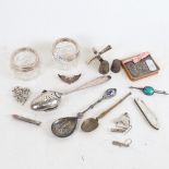 Various silver and plate, including mother-of-pearl handled fruit knife, love heart with wings