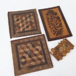 A pair of Tunbridge Ware cube design panels, 14cm across, another with floral design, and a