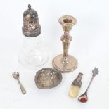 Various silver, including candlestick, pin dish, whistle, glass sugar caster etc