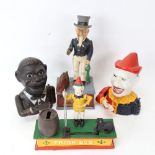 A group of painted cast-iron novelty money banks, including trick dog and Uncle Sam, largest