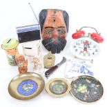 Various collectables, including novelty money bank, hunting knife, German hand painted wood mask etc