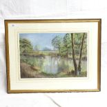 Joan Davidson, coloured pastels, a rural pond, signed, image 36cm x 54cm, framed