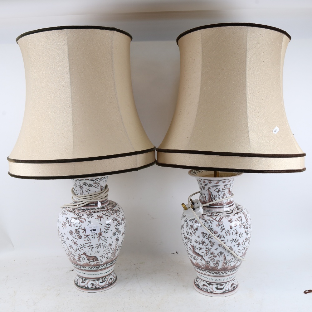 2 pairs of porcelain baluster vase table lamps and shades, largest vase height 35cm (2 pairs)