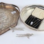 2 plated serving trays, a pair of small table pheasants, and a set of 6 silver cocktail sticks