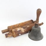 2 First World War inert Stokes mortar bombs, and a school hand bell (3)