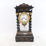 A 19th century French brass inlaid ebonised 4-pillar 8-day Portico mantel clock, height 45cm, with