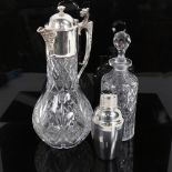 A cut-glass silver plated Claret jug, a glass bottle and stopper, and a modern stainless steel