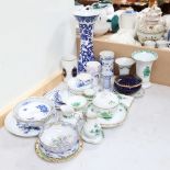 A Continental blue and white porcelain vase, 31cm, decorative boxes and stands, including Kaiser,
