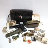 London Fire Brigade tin, containing flashlight, pistol, ammo belt etc