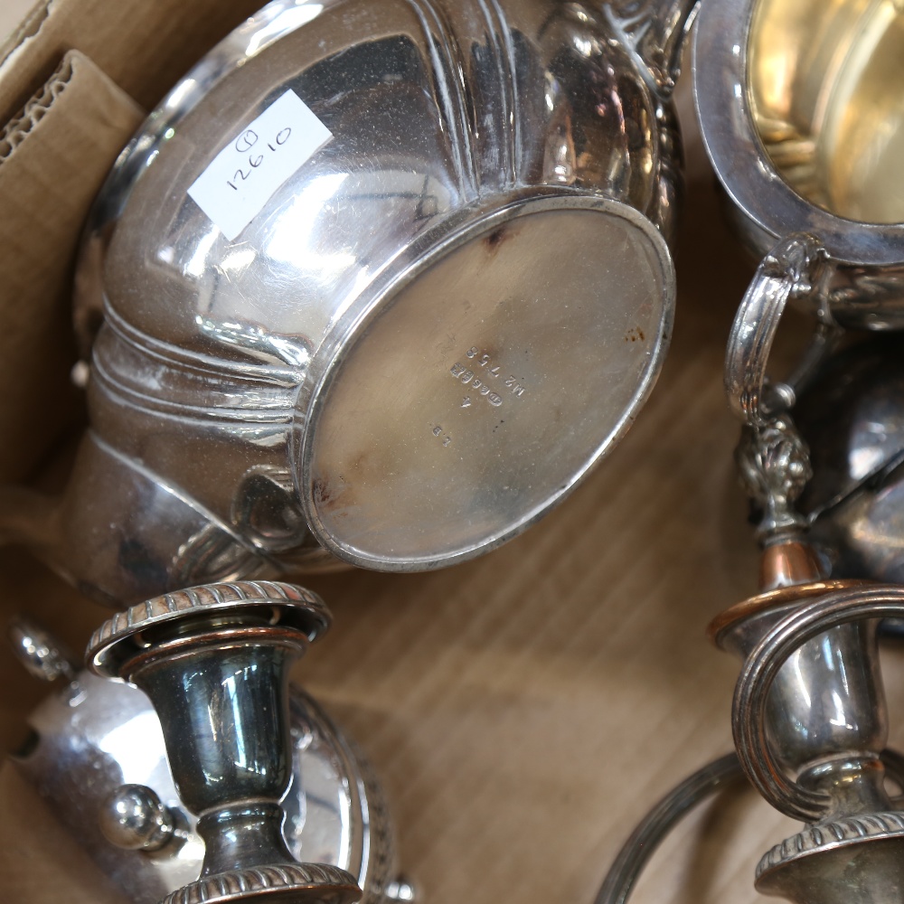 A quantity of silver plated items, to include candelabra, teaware, butter dish etc (boxful) - Image 2 of 2