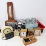 Various Vintage cameras, mantel clocks, barometer etc (boxful)