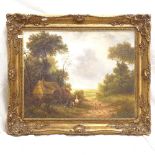 Modern oil on panel, rural scene, indistinctly signed, modern gilt frame, overall frame size 53cm