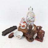 Various Oriental items, including ceramic figure, hardwood stand, porcelain tea bowl etc (boxful)