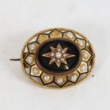 A Victorian unmarked yellow metal onyx, split-pearl and black enamel mourning brooch, brooch