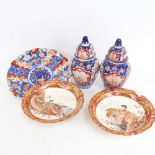 A pair of Japanese Imari style jars and covers, 2 Satsuma pedestal dishes etc (5)