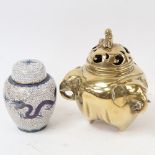 A cloisonne jar and cover with dragon design, 12.5cm, and a brass censer with elephant head handles