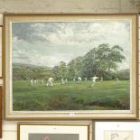 D McKean, oil on canvas, cricket match 1984, image 75cm x 100cm, framed