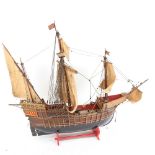 A handmade model 3-masted galleon ship, hull length 45cm