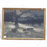 Joseph Farquharson, hand coloured etching, sheep by moonlight, image 50cm x 70cm